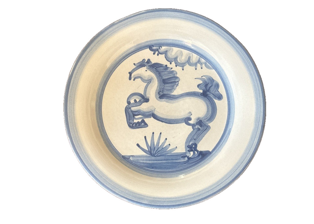 M.A. Hadley Pottery Blue Horse Pattern 13" Large Serving Chop Plate Platter